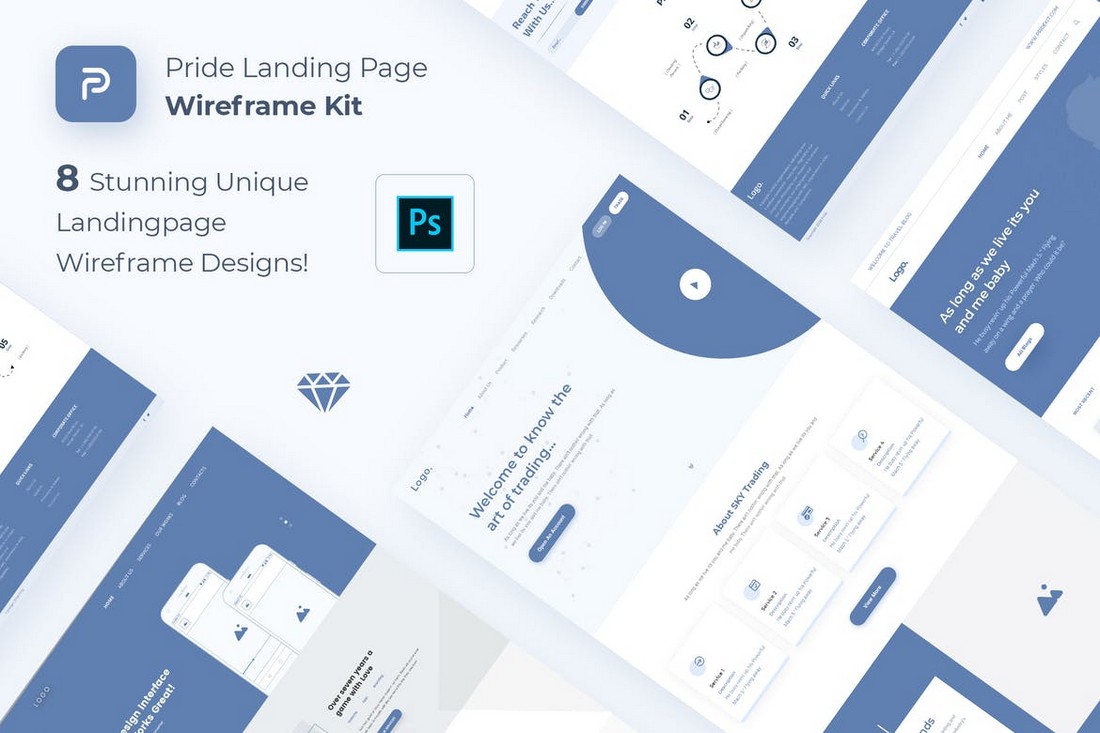 Pride – Landing Page Wireframe Kit for Photoshop